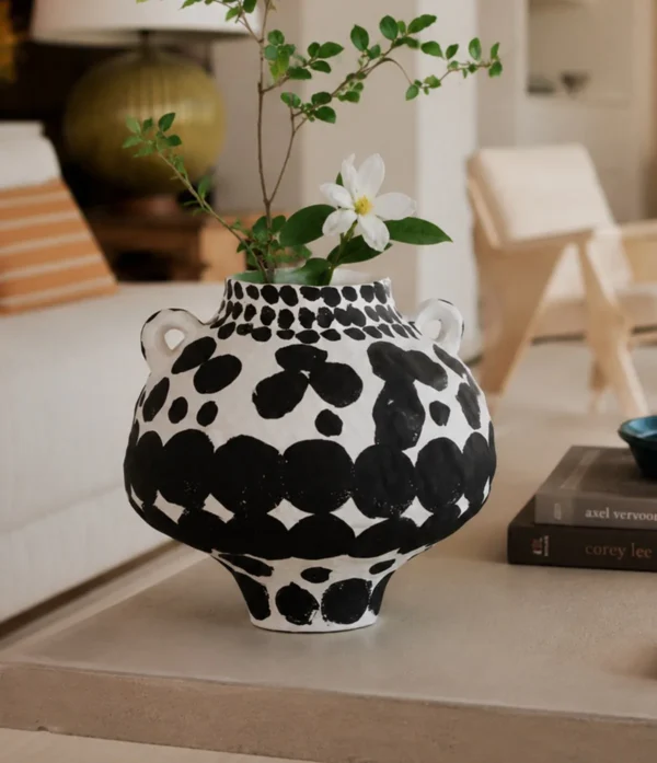Wabi-Sabi Hand-Painted Black Polka Dot Twin-Ear Jar, Tall in ivory — in a room setting
