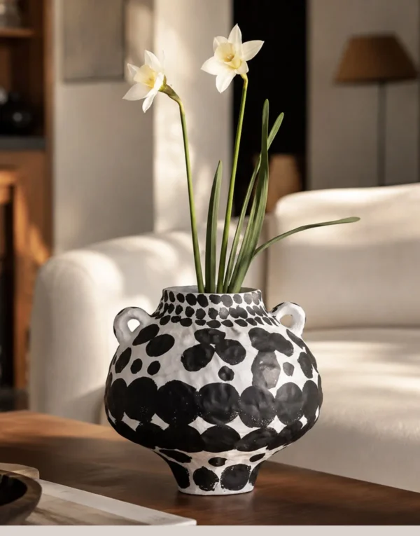 Wabi-Sabi Hand-Painted Black Polka Dot Twin-Ear Jar, Tall in ivory — in a room setting