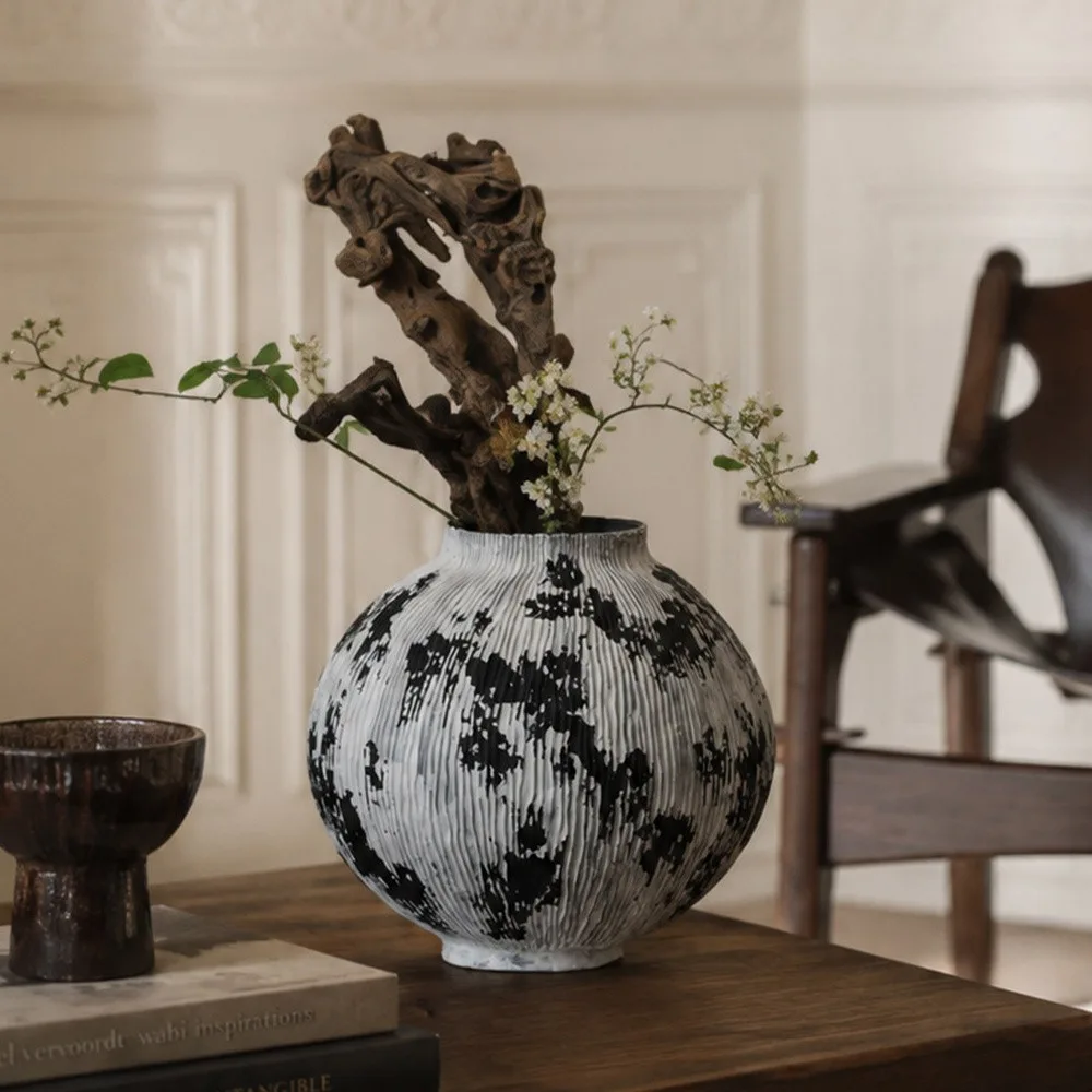 Wabi-Sabi Black and White Ribbed Moon Jar, Two Forms in ivory — front view