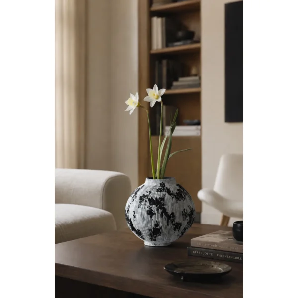Wabi-Sabi Black and White Ribbed Moon Jar, Two Forms in ivory — in a room setting