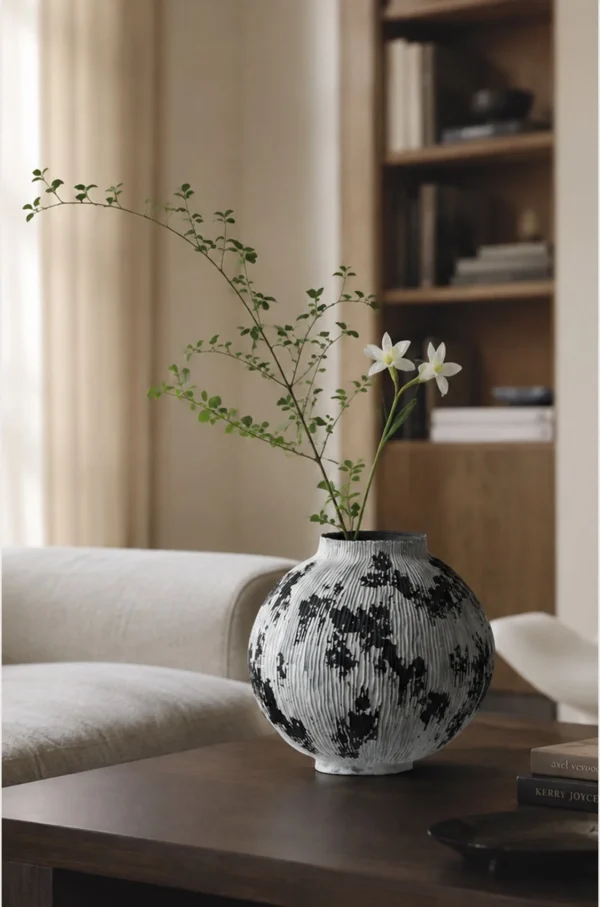 Wabi-Sabi Black and White Ribbed Moon Jar, Two Forms in ivory — in a room setting