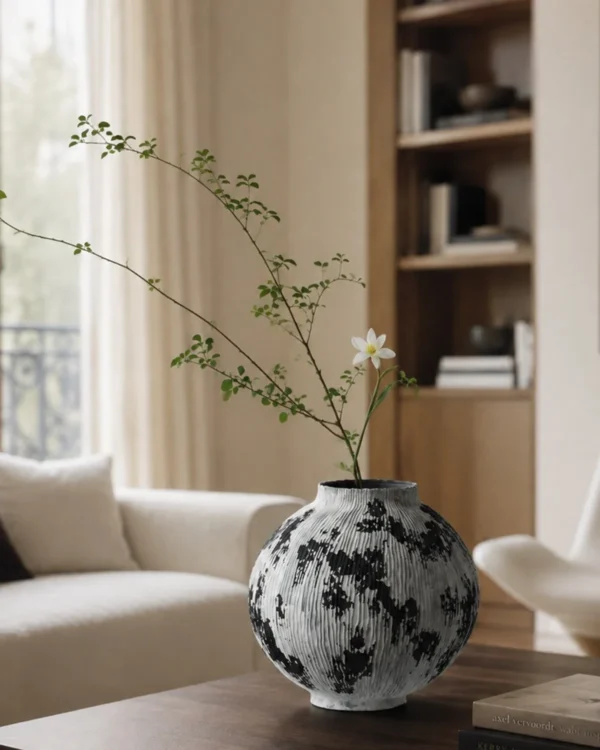 Wabi-Sabi Black and White Ribbed Moon Jar, Two Forms in ivory — in a room setting