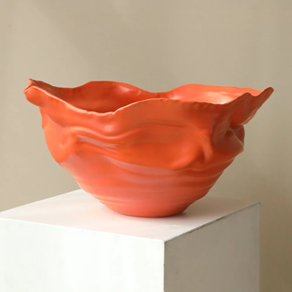 Wabi-Sabi Folded Rim Ceramic Planter Bowl in rust — front view