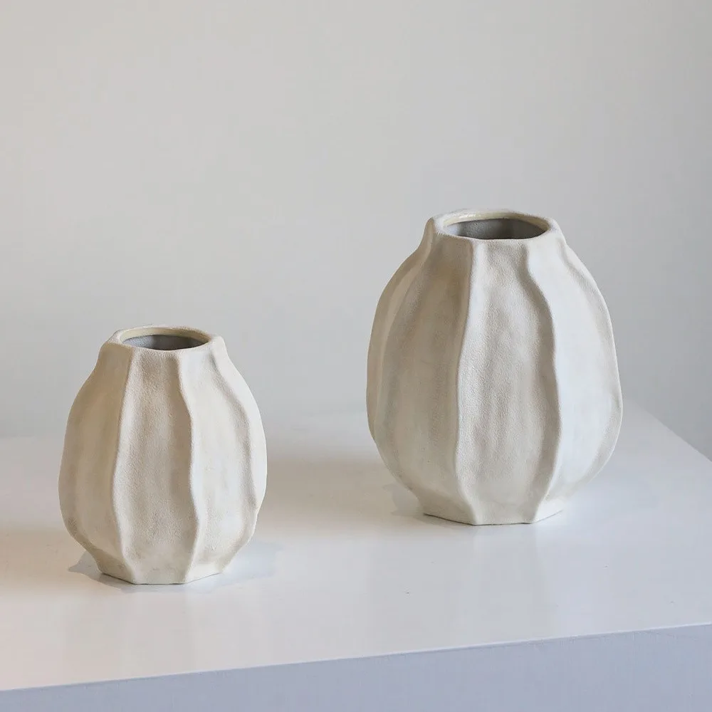 Cloud White Faceted Ceramic Vase in Three Sizes — front view