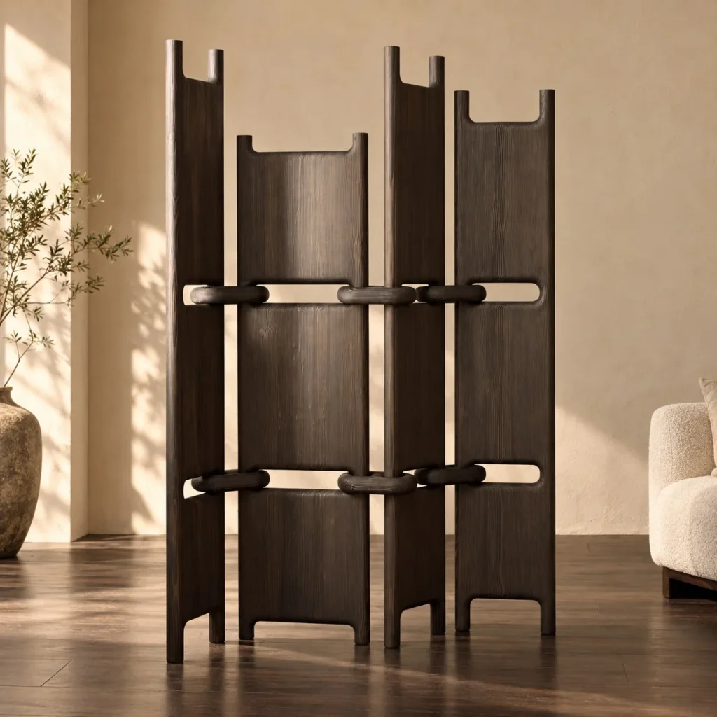 Charred Wood Post-and-Joint Folding Screen in black — front view