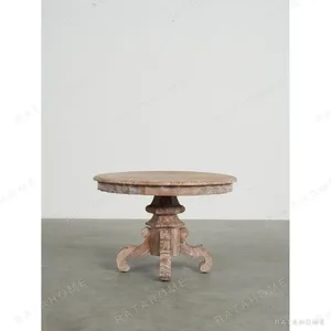 Distressed Elm Round Pedestal Side Table, 70 cm in sand — in a room setting