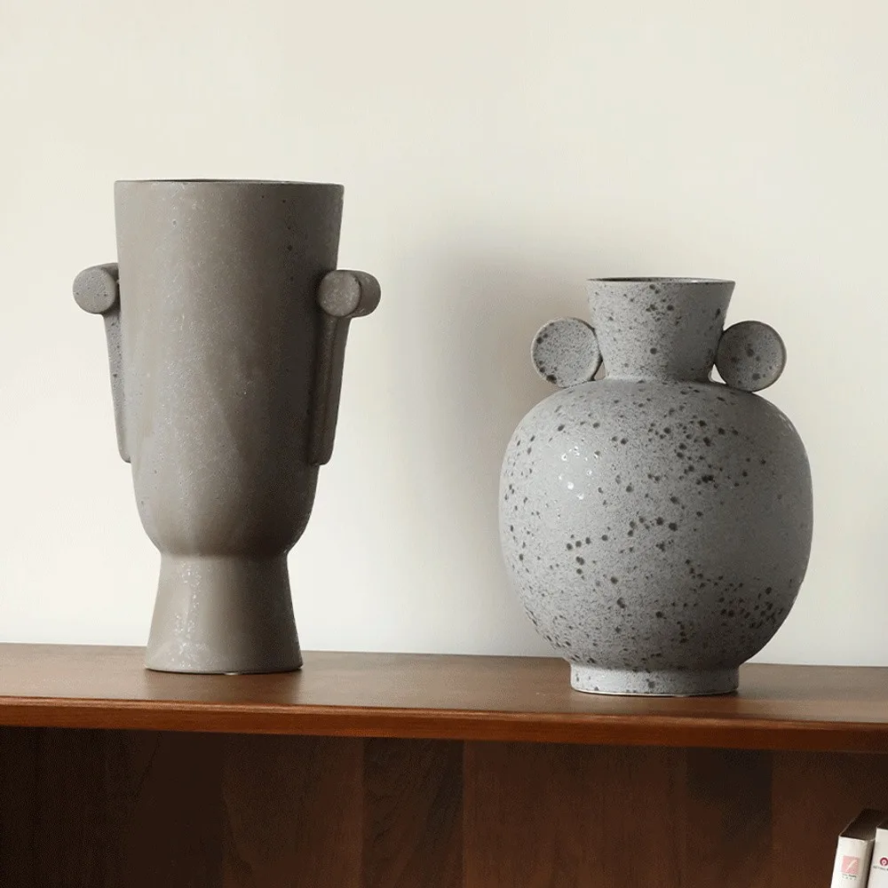 Wabi-Sabi Twin-Ear Stoneware Vases in Grey and Speckled Clay — front view
