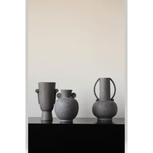 Wabi-Sabi Twin-Ear Stoneware Vases in Grey and Speckled Clay — in a room setting