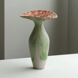 Drip-Glaze Gradient Ceramic Vase with Flared Coral Rim in olive — front view