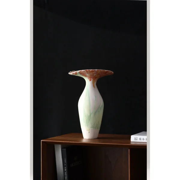 Drip-Glaze Gradient Ceramic Vase with Flared Coral Rim in olive — in a room setting