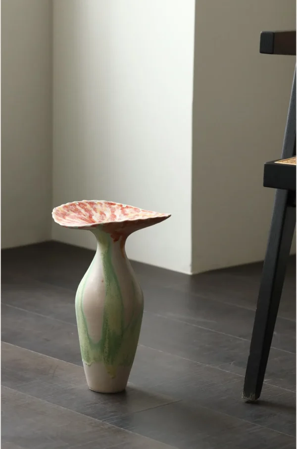 Drip-Glaze Gradient Ceramic Vase with Flared Coral Rim in olive — in a room setting