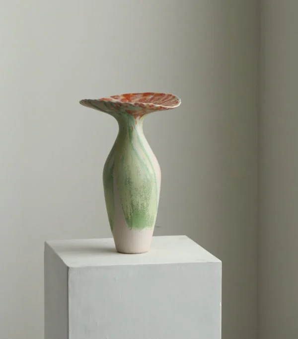 Drip-Glaze Gradient Ceramic Vase with Flared Coral Rim in olive — in a room setting