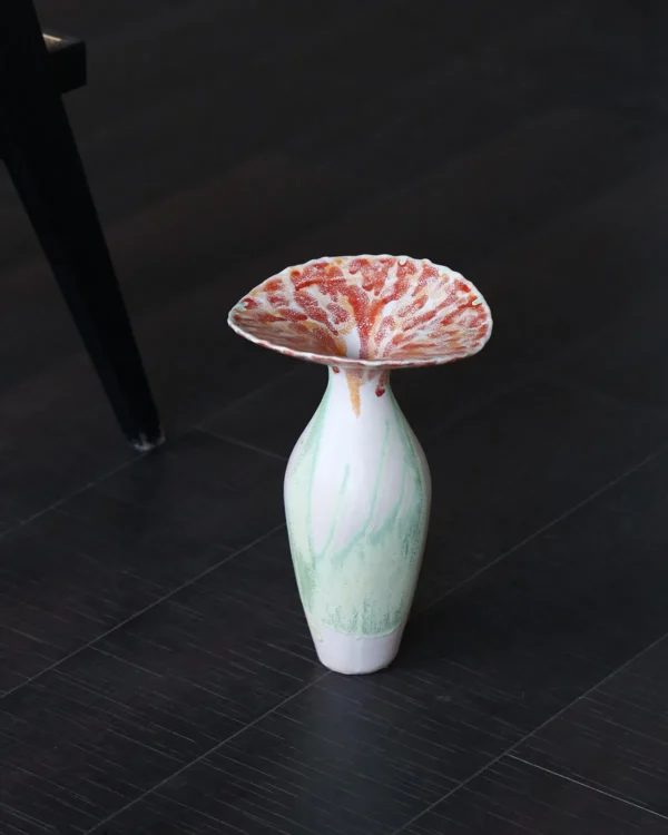 Drip-Glaze Gradient Ceramic Vase with Flared Coral Rim in olive — in a room setting