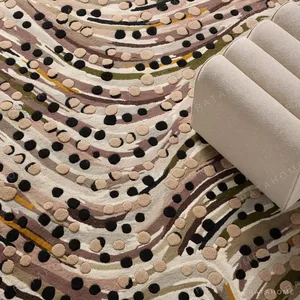 Wabi-Sabi Earth Tone Rug with Dotted Contour Lines in sand — in a room setting
