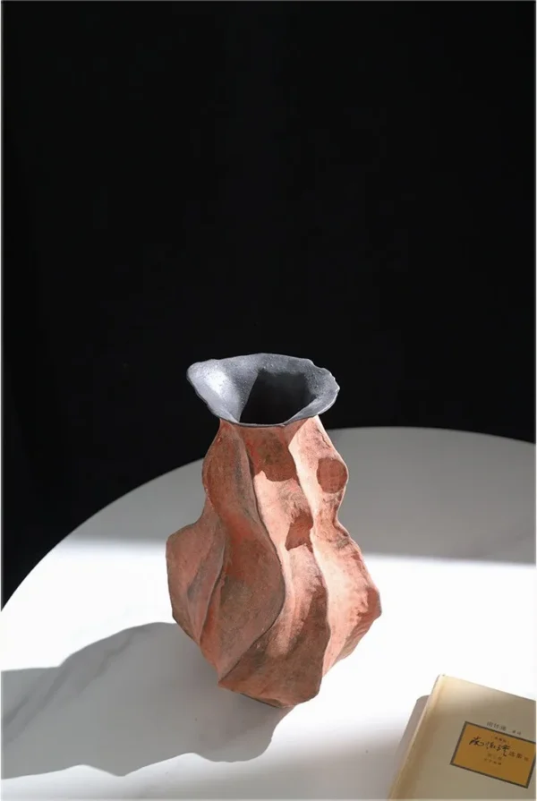 Red Clay Pleated Gourd Stoneware Vase, Medium in rust — in a room setting