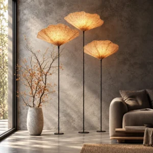 Wabi-Sabi Lotus Leaf Floor Lamp Collection, Four Forms in oatmeal — front view