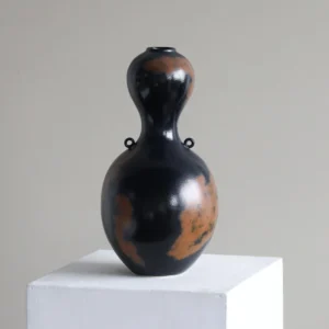 Gourd-Shaped Twin-Ear Ceramic Vase in Black and Rust Glaze — front view
