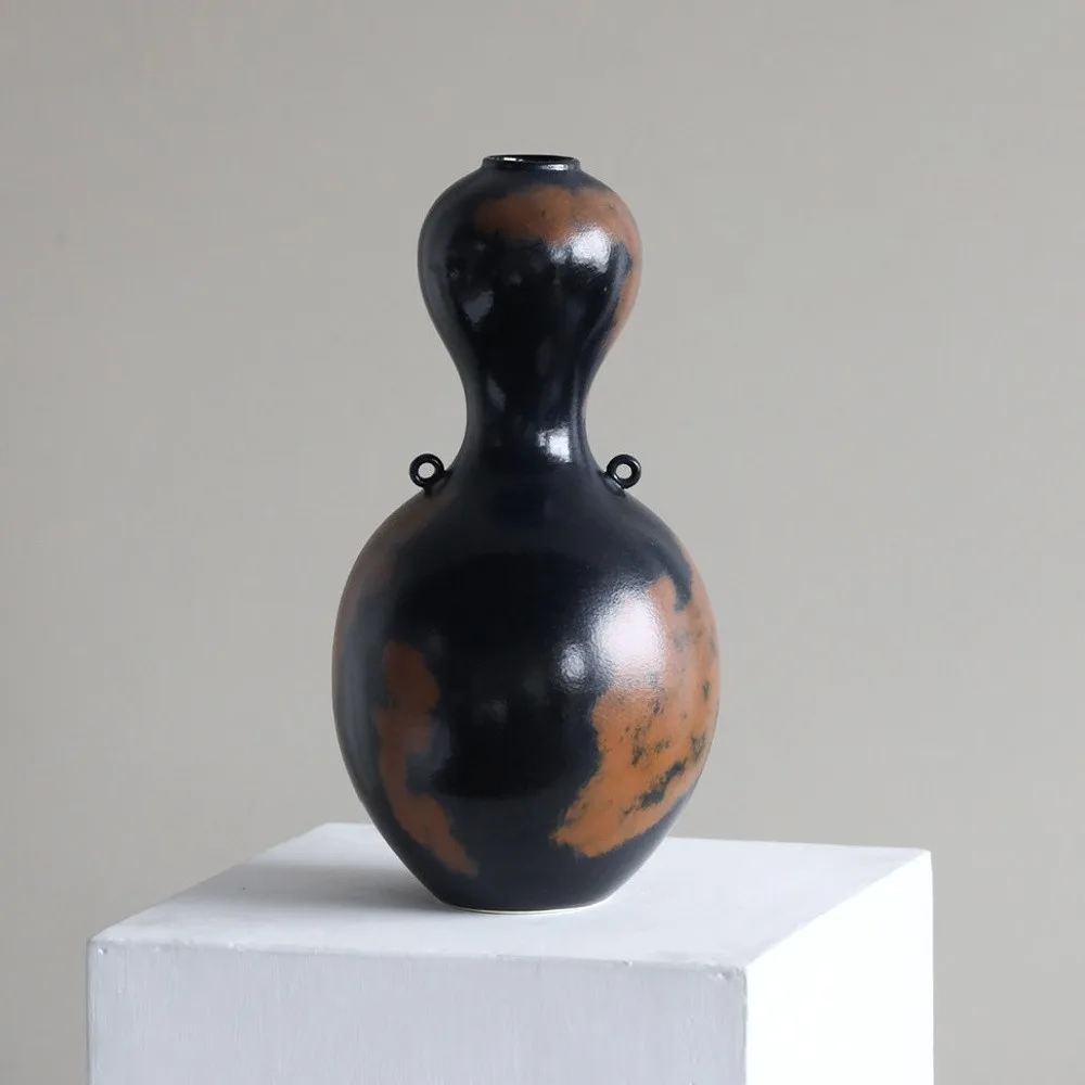 Gourd-Shaped Twin-Ear Ceramic Vase in Black and Rust Glaze — front view