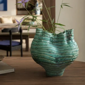 Wabi-Sabi Green Rock Texture Ceramic Vase with Torn Rim in olive — front view