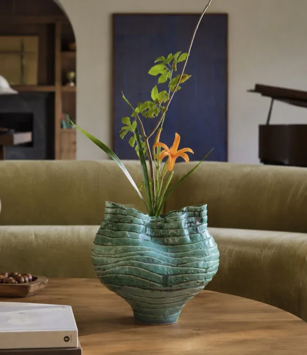 Wabi-Sabi Green Rock Texture Ceramic Vase with Torn Rim in olive — in a room setting