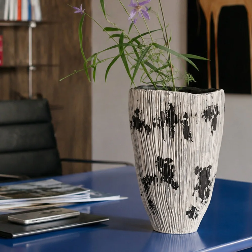 Wabi-Sabi Hand-Painted Ribbed Vase with Ink Marks, Two Forms in ivory — front view