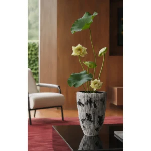 Wabi-Sabi Hand-Painted Ribbed Vase with Ink Marks, Two Forms in ivory — in a room setting