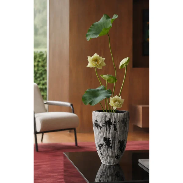 Wabi-Sabi Hand-Painted Ribbed Vase with Ink Marks, Two Forms in ivory — in a room setting