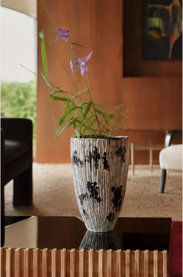 Wabi-Sabi Hand-Painted Ribbed Vase with Ink Marks, Two Forms in ivory — in a room setting