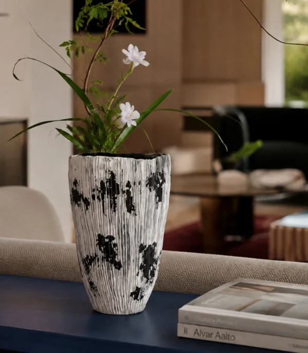 Wabi-Sabi Hand-Painted Ribbed Vase with Ink Marks, Two Forms in ivory — in a room setting