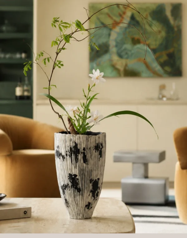 Wabi-Sabi Hand-Painted Ribbed Vase with Ink Marks, Two Forms in ivory — in a room setting