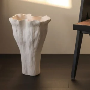 Wabi-Sabi Hand-Pinched Pleated Trumpet Vase in oatmeal — front view