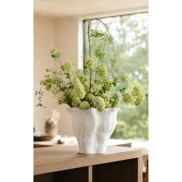 Wabi-Sabi Hand-Pinched Pleated Trumpet Vase in oatmeal — in a room setting