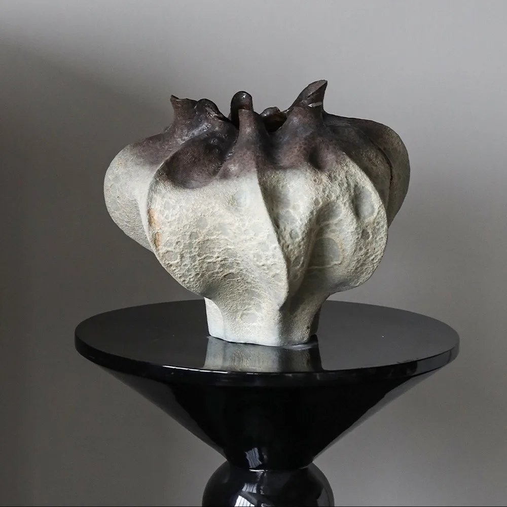 Hand-Pinched Bud-Form Ceramic Vase in Wild Glaze — front view