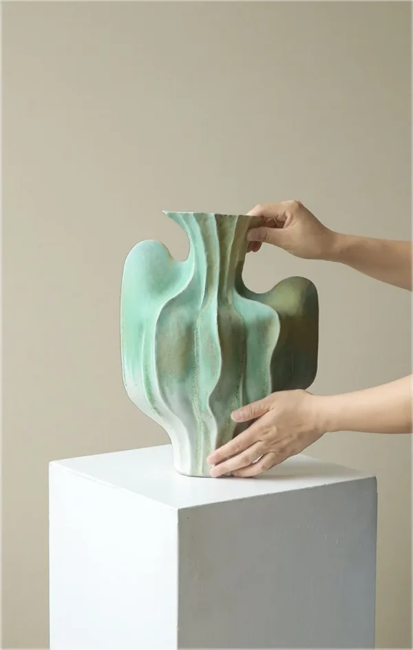 Jingdezhen Spring Lobed Stoneware Jar in Pale Green, Large — in a room setting