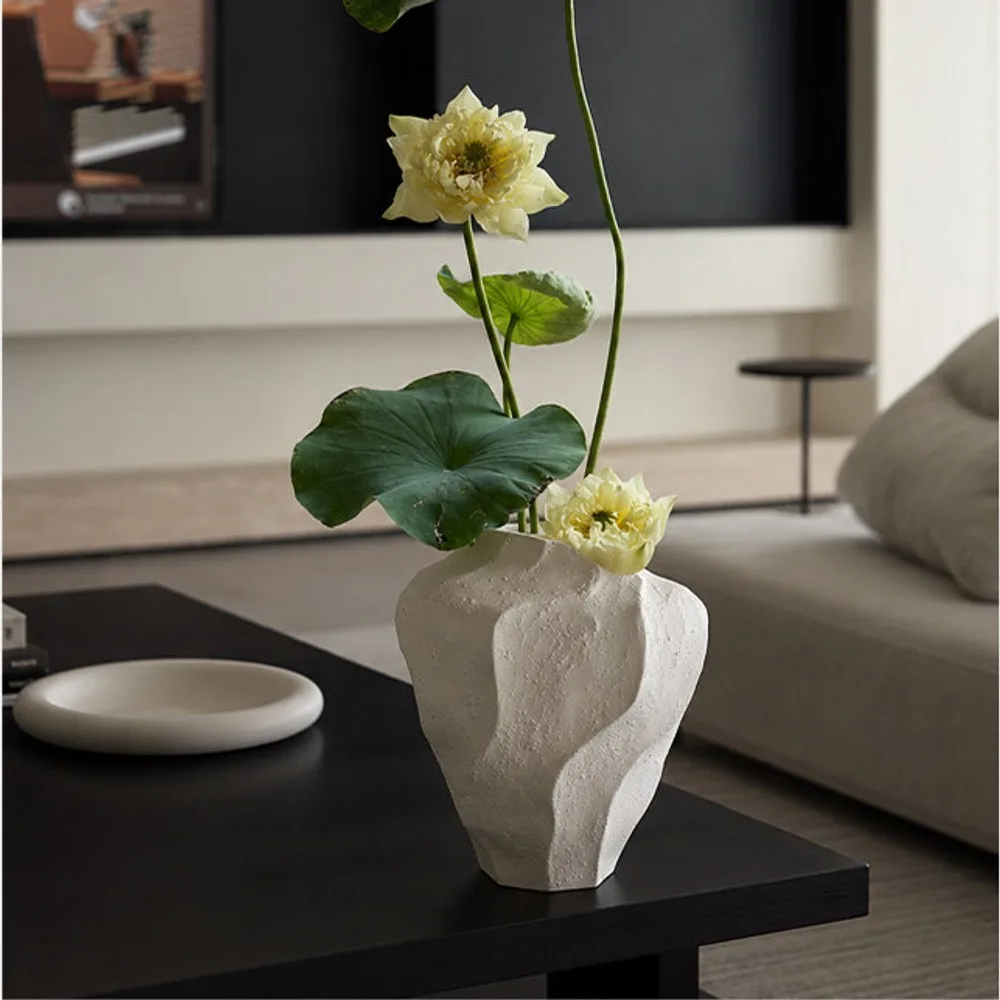 Designer Wabi-Sabi Folded Texture Ceramic Vase, Short in ivory — front view