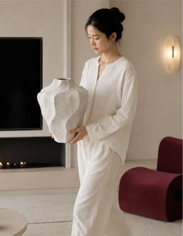 Designer Wabi-Sabi Folded Texture Ceramic Vase, Short in ivory — in a room setting