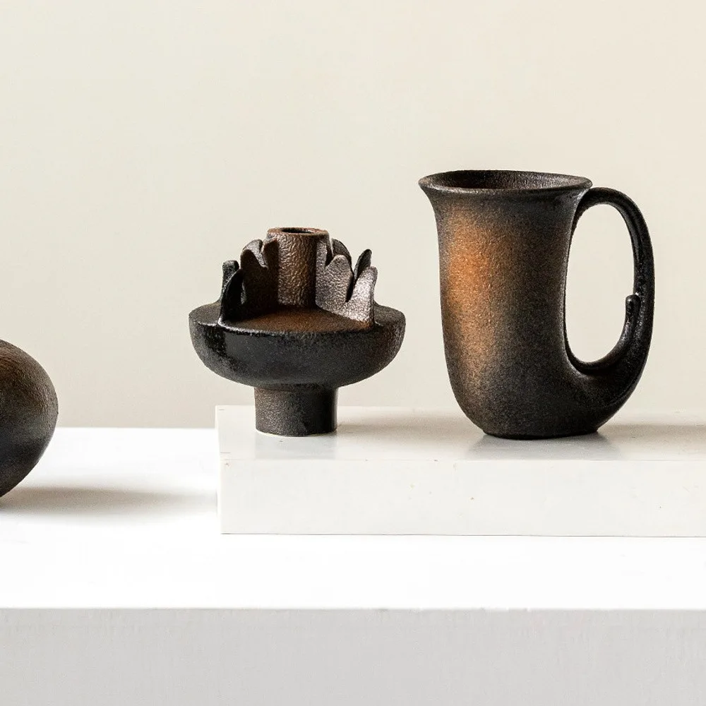 Wabi-Sabi Black Sculptural Vases in Three Forms — front view