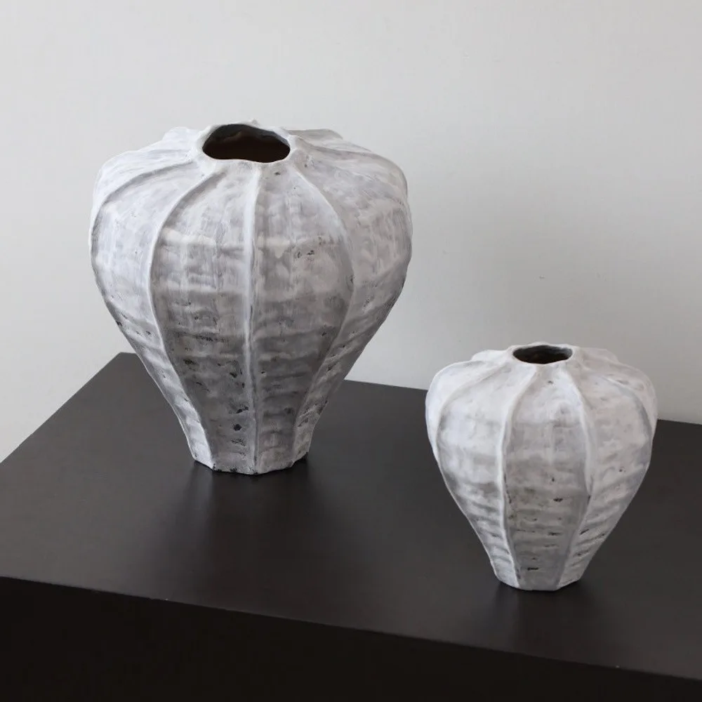 Jingdezhen Plaster-Grey Lobed Jar Vases, Tall or Short in slate — front view