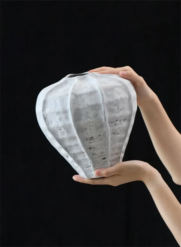 Jingdezhen Plaster-Grey Lobed Jar Vases, Tall or Short in slate — in a room setting