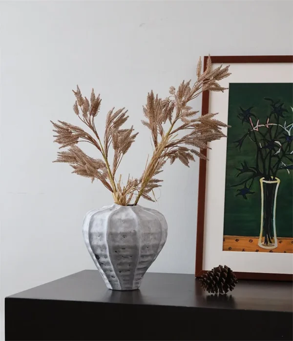 Jingdezhen Plaster-Grey Lobed Jar Vases, Tall or Short in slate — in a room setting
