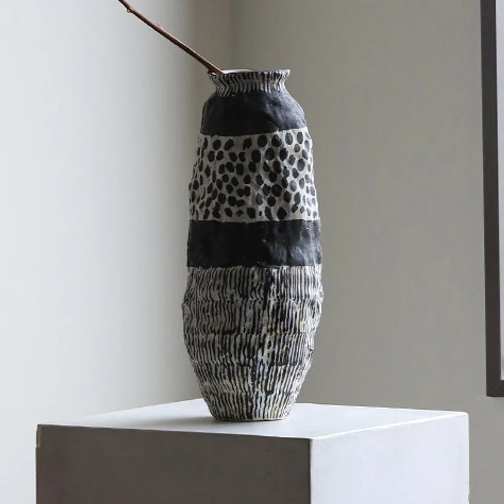 Jingdezhen Black Ring-Pattern Tall Jar Vase, Tall or Short in black — front view