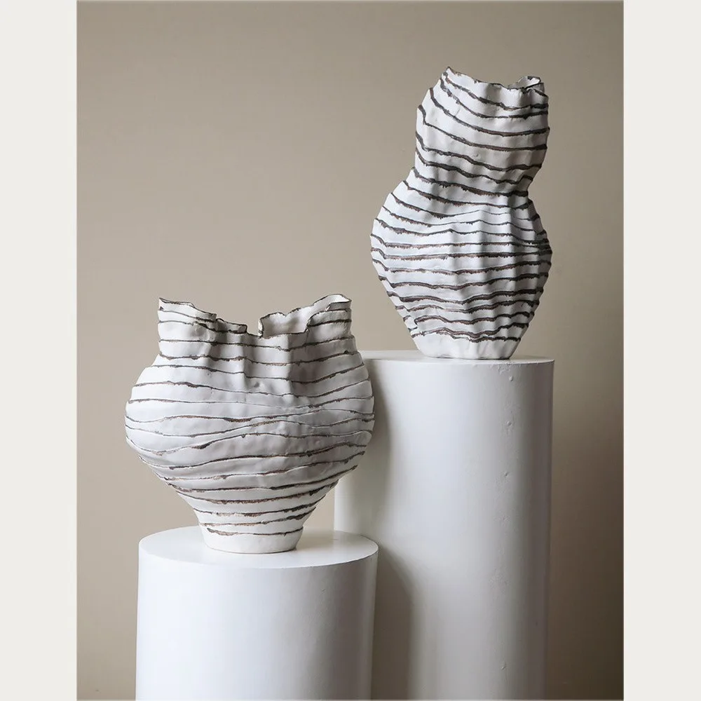 Jingdezhen Black Line Pleated Art Vases, Three Forms in ivory — front view