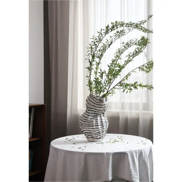 Jingdezhen Black Line Pleated Art Vases, Three Forms in ivory — in a room setting