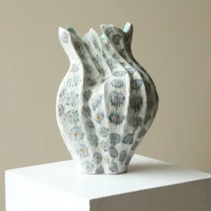 Jingdezhen Blue Dot Lobed Petal Vase, Large in ivory — front view