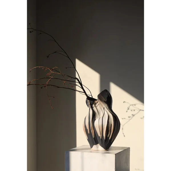 Jingdezhen Twisted Slab Art Vase in Sand and Umber — in a room setting