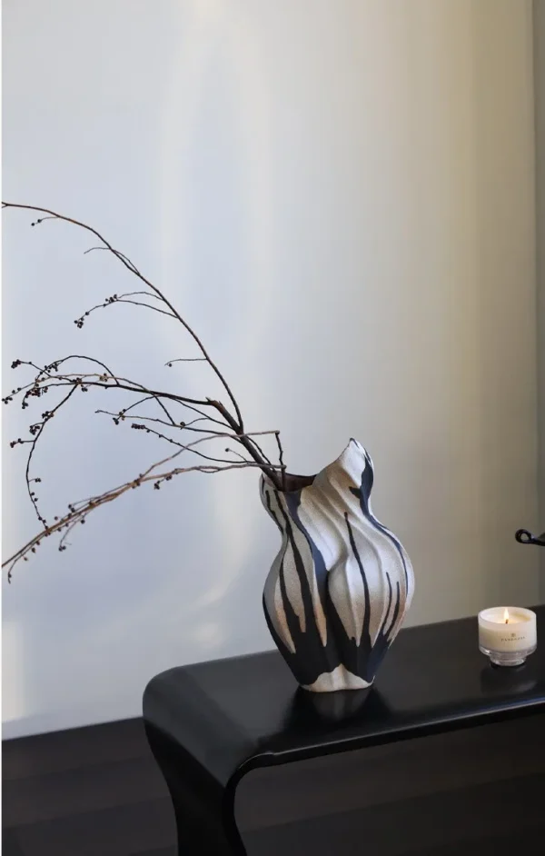 Jingdezhen Twisted Slab Art Vase in Sand and Umber — in a room setting