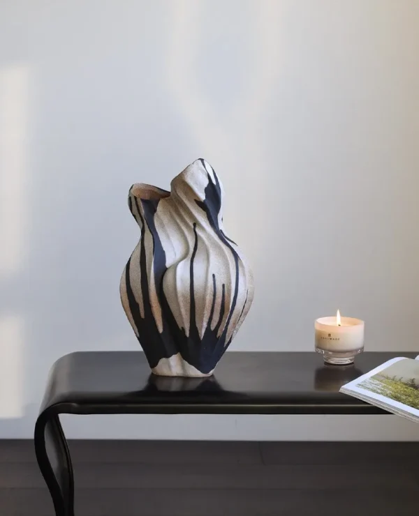 Jingdezhen Twisted Slab Art Vase in Sand and Umber — in a room setting