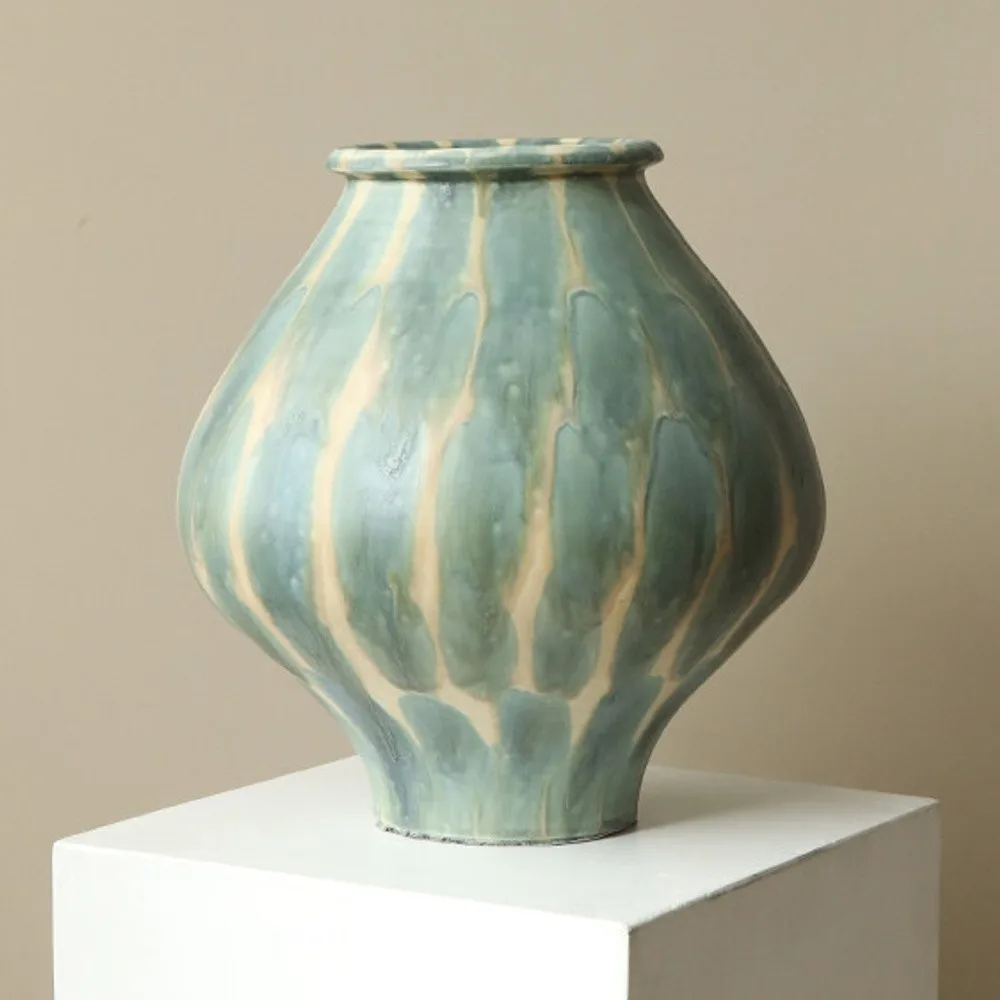 Jingdezhen Celadon Drip Glaze Earthen Jar Vase, Large or in olive — front view