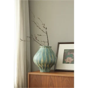 Jingdezhen Celadon Drip Glaze Earthen Jar Vase, Large or in olive — in a room setting