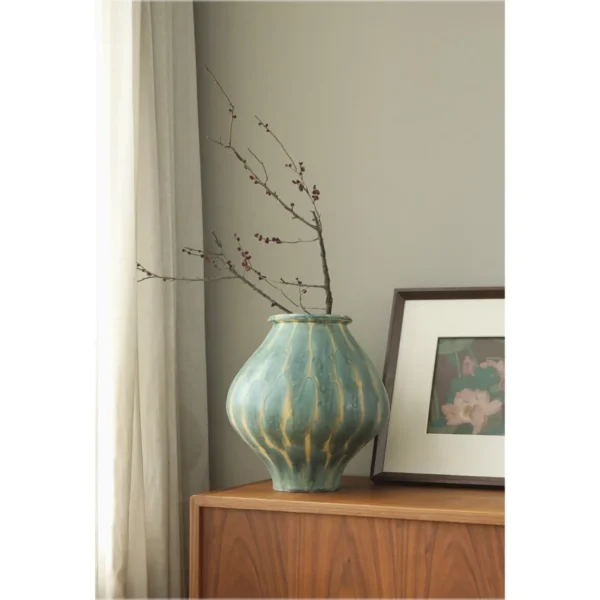 Jingdezhen Celadon Drip Glaze Earthen Jar Vase, Large or in olive — in a room setting